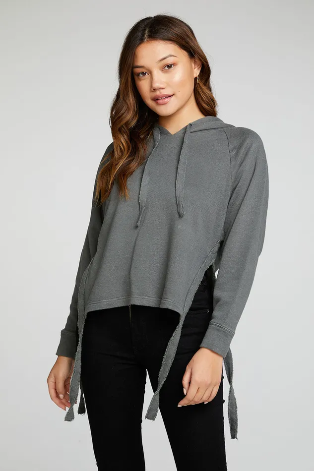 Womens Linen French Terry Long Sleeve Side Tie Batwing Pullover Hoodie Outerwear Chaser Brand