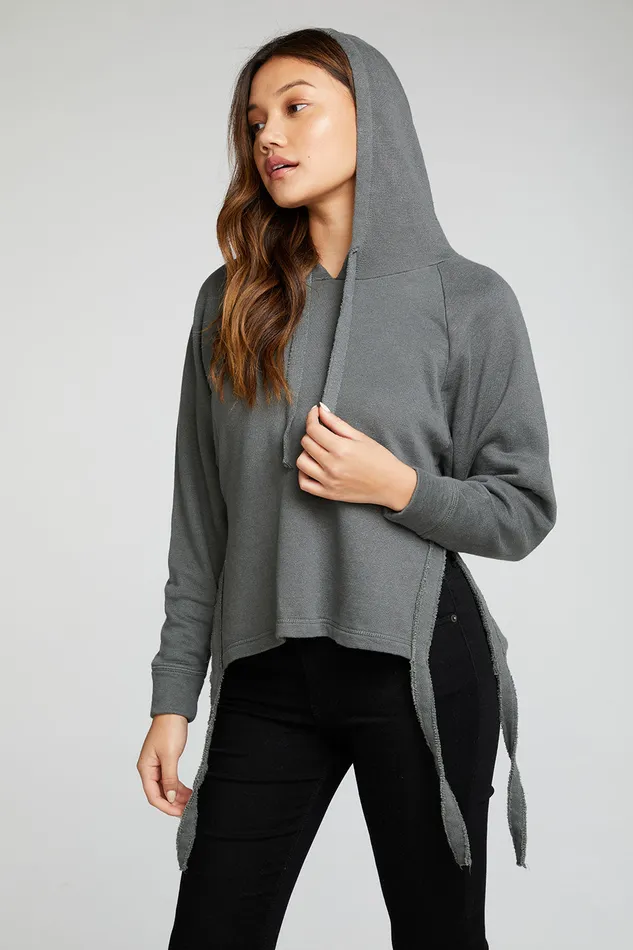 Womens Linen French Terry Long Sleeve Side Tie Batwing Pullover Hoodie Outerwear Chaser Brand