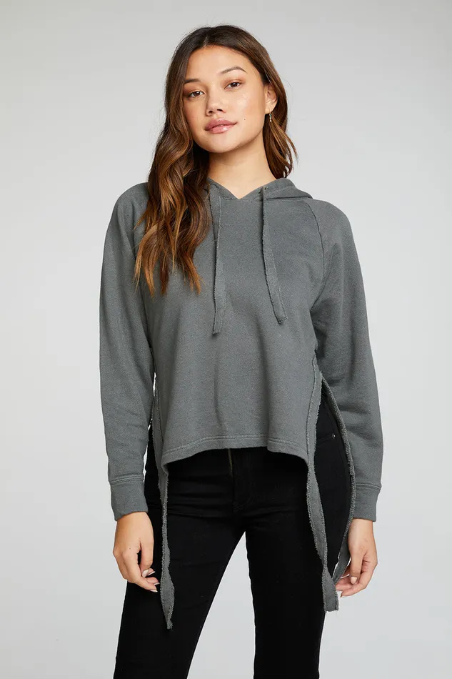 Womens Linen French Terry Long Sleeve Side Tie Batwing Pullover Hoodie Outerwear Chaser Brand