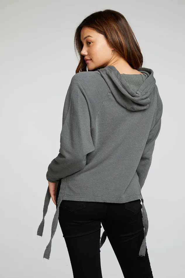 Womens Linen French Terry Long Sleeve Side Tie Batwing Pullover Hoodie Outerwear Chaser Brand