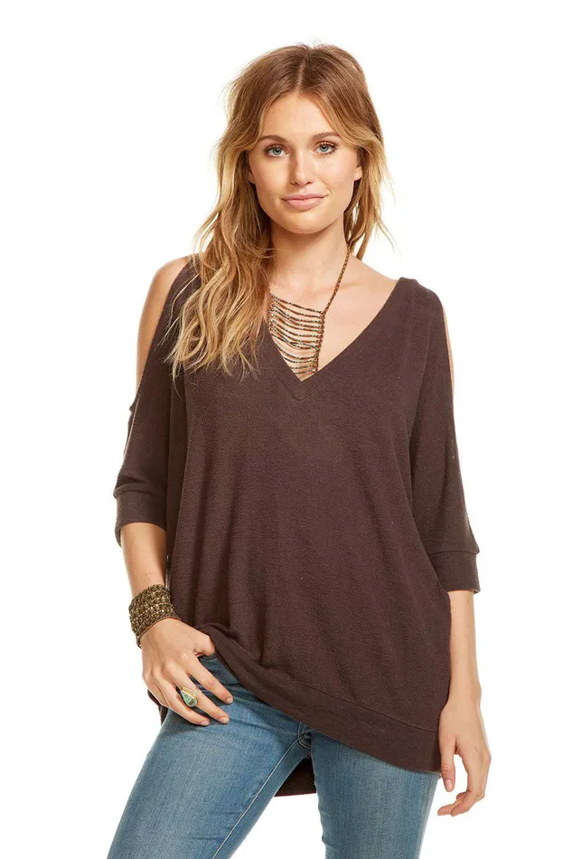 Womens LOVE KNIT 34 SLEEVE V NECK COLD SHOULDER HI LO DOLMAN Loungewear Chaser Brand