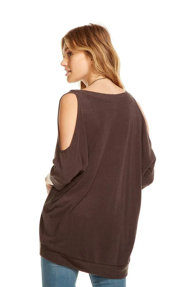Womens LOVE KNIT 34 SLEEVE V NECK COLD SHOULDER HI LO DOLMAN Loungewear Chaser Brand