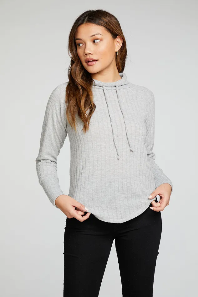 Womens Poor Boy Rib Long Sleeve Funnel Neck Raglan Shirttail Pullover Tops Chaser Brand