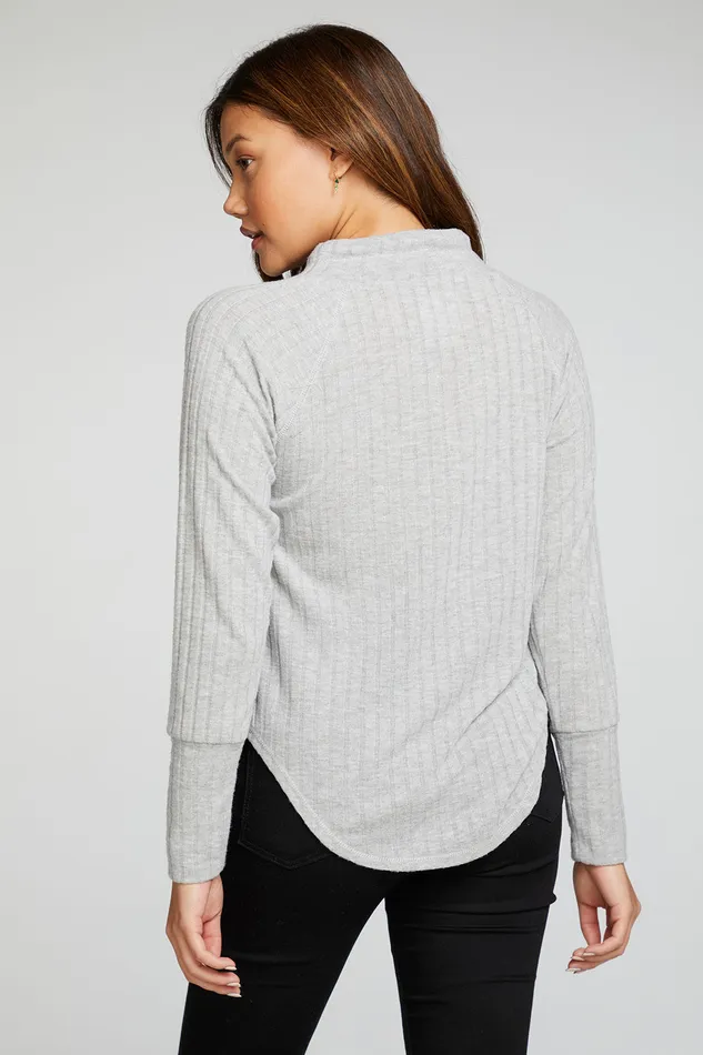 Womens Poor Boy Rib Long Sleeve Funnel Neck Raglan Shirttail Pullover Tops Chaser Brand