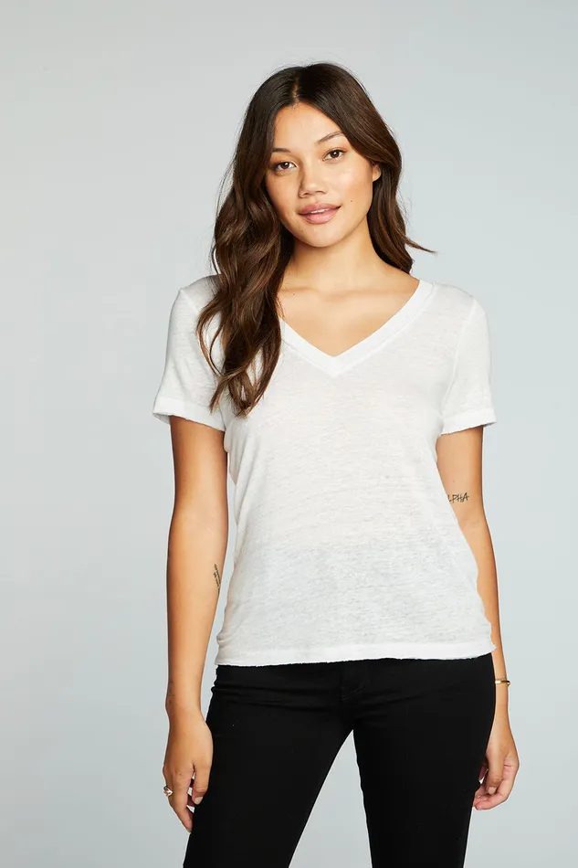 Womens Tops Chaser Brand Linen Jersey Raw Edge Double V Short Sleeve Tee