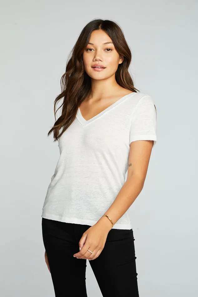 Womens Tops Chaser Brand Linen Jersey Raw Edge Double V Short Sleeve Tee