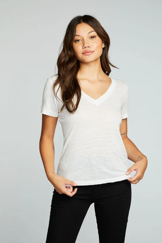 Womens Tops Chaser Brand Linen Jersey Raw Edge Double V Short Sleeve Tee