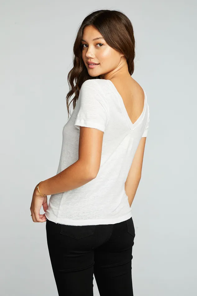 Womens Tops Chaser Brand Linen Jersey Raw Edge Double V Short Sleeve Tee