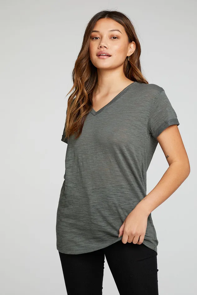 Womens Tops Chaser Brand Slub Jersey Roll Sleeve V Neck Tee