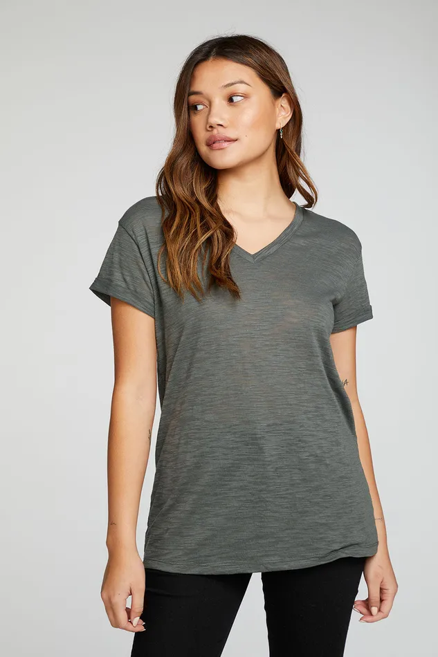 Womens Tops Chaser Brand Slub Jersey Roll Sleeve V Neck Tee