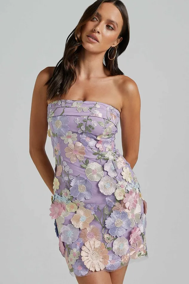 Wren Mini Dress 8211 Strapless Bodycon Garden Flowers Dress In Lilac Women Showpo Dresses