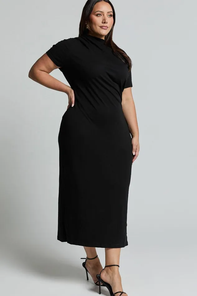 Zayna Midi Dress 8211 Jersey Short Sleeve Dress In Black Women Showpo Curve Clothes