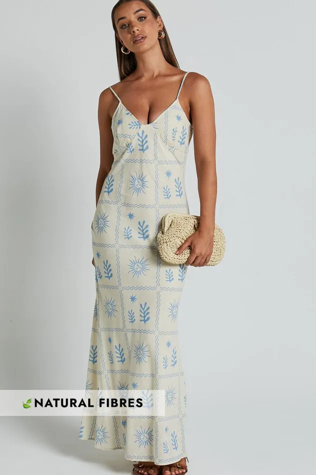 Zinnia Midi Dress 8211 Strappy Linen Slip Dress In BeigeBlue Border Print Women Showpo Conscious
