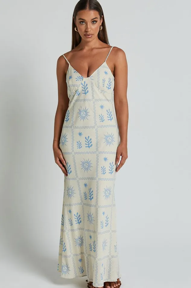 Zinnia Midi Dress 8211 Strappy Linen Slip Dress In BeigeBlue Border Print Women Showpo Conscious