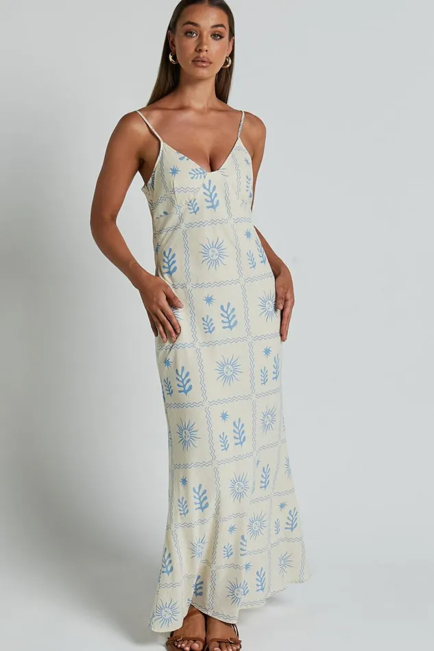 Zinnia Midi Dress 8211 Strappy Linen Slip Dress In BeigeBlue Border Print Women Showpo Conscious