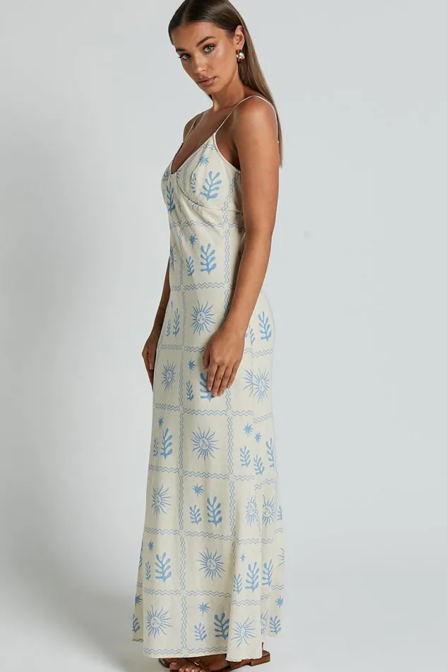 Zinnia Midi Dress 8211 Strappy Linen Slip Dress In BeigeBlue Border Print Women Showpo Conscious