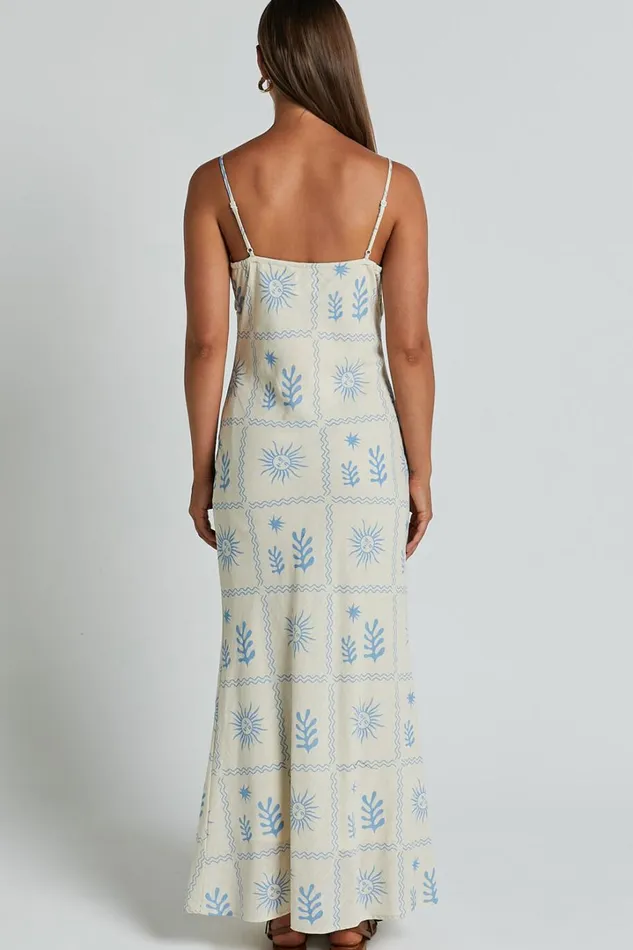 Zinnia Midi Dress 8211 Strappy Linen Slip Dress In BeigeBlue Border Print Women Showpo Conscious