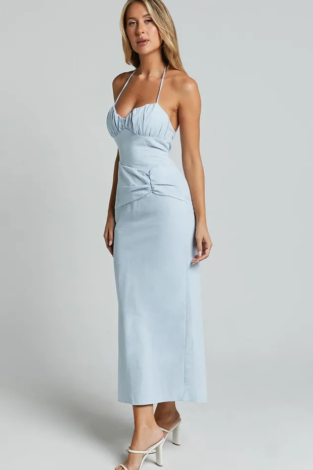 Zora Midi Dress 8211 Halter Ruched Bust Slip Dress In Pale Blue Women Showpo Dresses