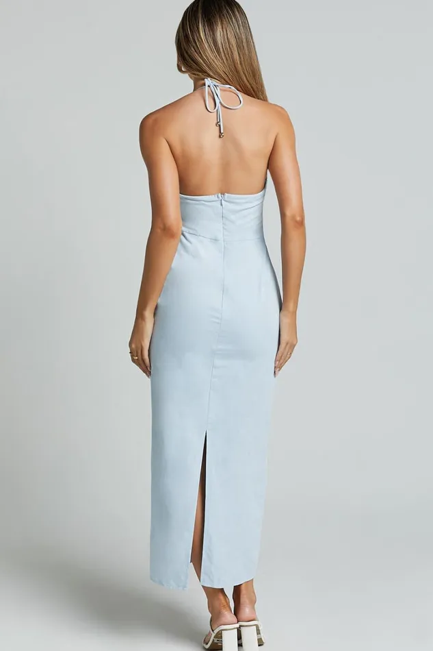 Zora Midi Dress 8211 Halter Ruched Bust Slip Dress In Pale Blue Women Showpo Dresses